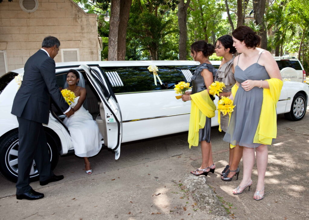 Bride greeting loved ones beside a white limousine with her bridesmaids